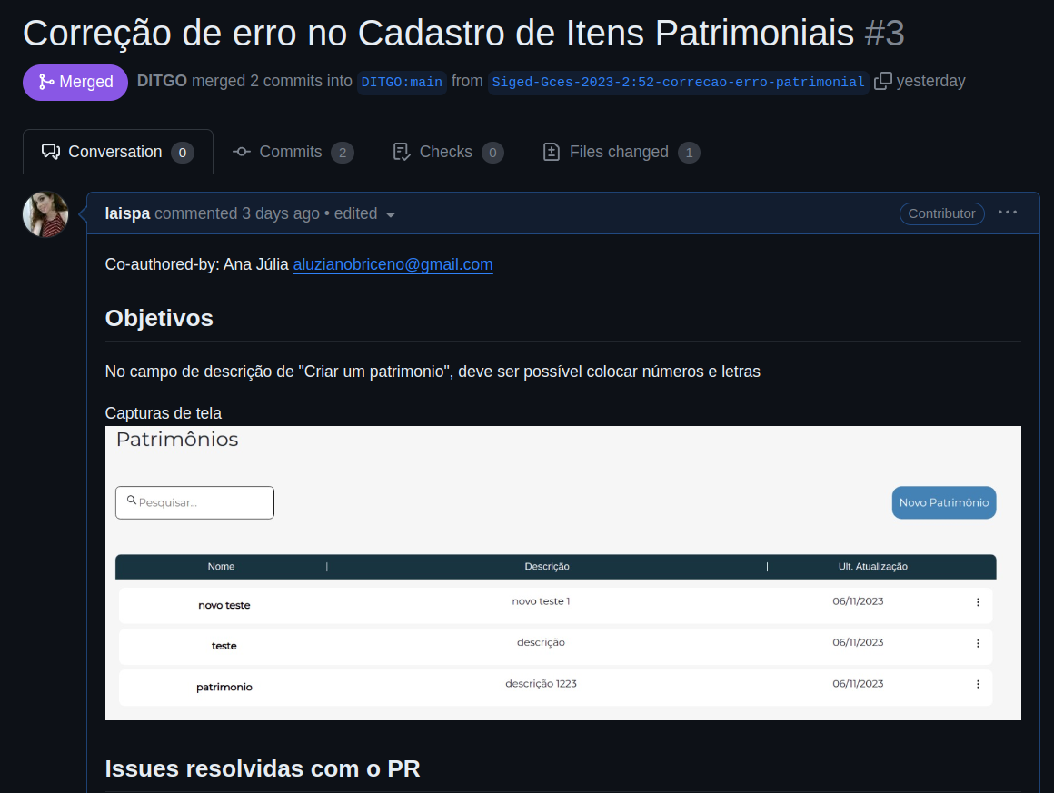 Pull Request #3 - Patrimônio